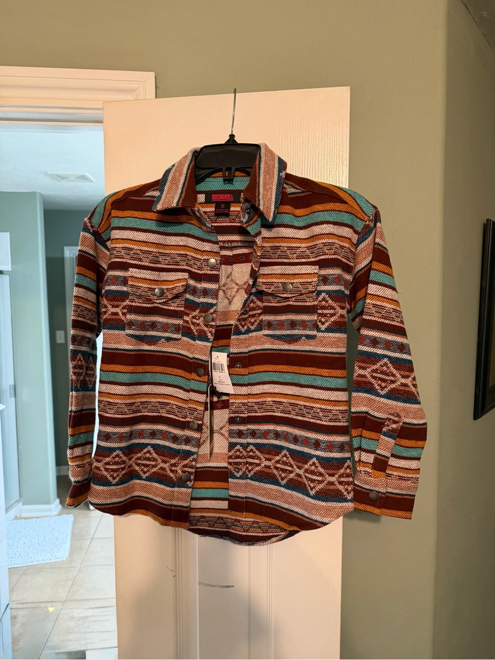 Rock & Roll Cowgirl Striped Brown Teal Button-Front Jacket